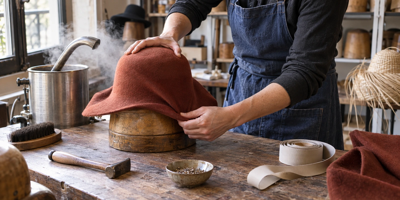 Techniques et gestes d'atelier du CAP Chapelier-modiste Une personne façonne un feutre rouge sur une forme en bois, près d’un appareil à vapeur et d’outils de chapellerie.